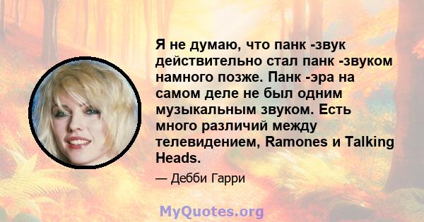 Я не думаю, что панк -звук действительно стал панк -звуком намного позже. Панк -эра на самом деле не был одним музыкальным звуком. Есть много различий между телевидением, Ramones и Talking Heads.