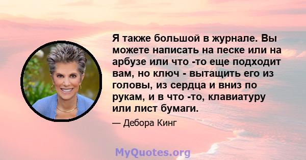 Я также большой в журнале. Вы можете написать на песке или на арбузе или что -то еще подходит вам, но ключ - вытащить его из головы, из сердца и вниз по рукам, и в что -то, клавиатуру или лист бумаги.