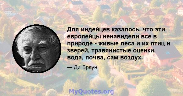 Для индейцев казалось, что эти европейцы ненавидели все в природе - живые леса и их птиц и зверей, травянистые оценки, вода, почва, сам воздух.