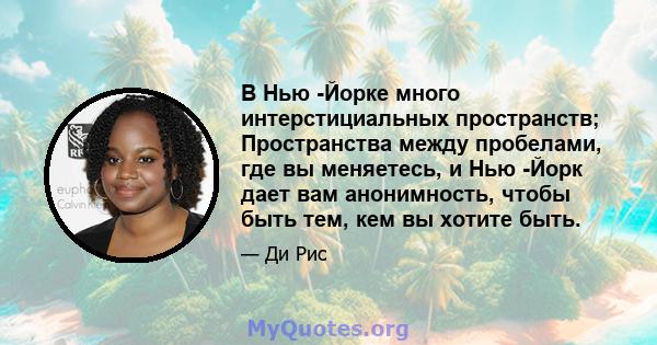 В Нью -Йорке много интерстициальных пространств; Пространства между пробелами, где вы меняетесь, и Нью -Йорк дает вам анонимность, чтобы быть тем, кем вы хотите быть.