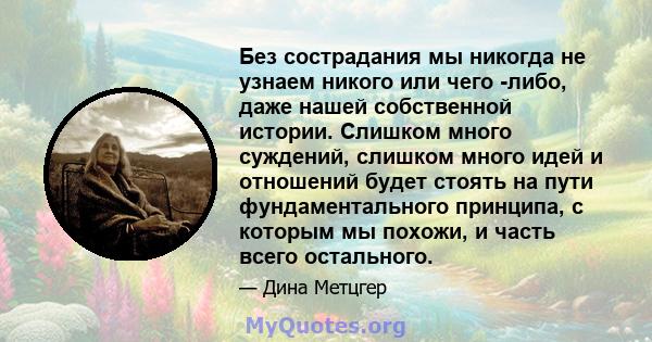 Без сострадания мы никогда не узнаем никого или чего -либо, даже нашей собственной истории. Слишком много суждений, слишком много идей и отношений будет стоять на пути фундаментального принципа, с которым мы похожи, и