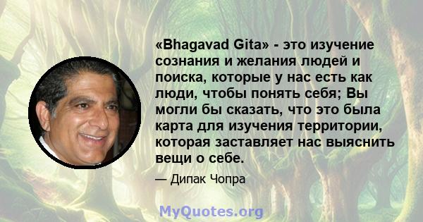 «Bhagavad Gita» - это изучение сознания и желания людей и поиска, которые у нас есть как люди, чтобы понять себя; Вы могли бы сказать, что это была карта для изучения территории, которая заставляет нас выяснить вещи о