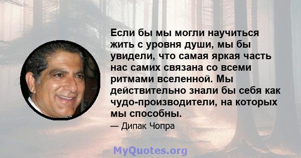 Если бы мы могли научиться жить с уровня души, мы бы увидели, что самая яркая часть нас самих связана со всеми ритмами вселенной. Мы действительно знали бы себя как чудо-производители, на которых мы способны.