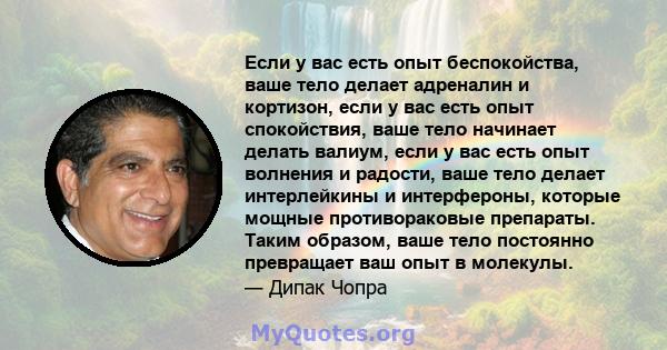 Если у вас есть опыт беспокойства, ваше тело делает адреналин и кортизон, если у вас есть опыт спокойствия, ваше тело начинает делать валиум, если у вас есть опыт волнения и радости, ваше тело делает интерлейкины и