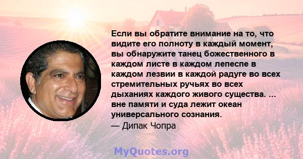 Если вы обратите внимание на то, что видите его полноту в каждый момент, вы обнаружите танец божественного в каждом листе в каждом лепеспе в каждом лезвии в каждой радуге во всех стремительных ручьях во всех дыханиях