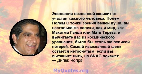 Эволюция вселенной зависит от участия каждого человека. Полем Полем С точки зрения вашей души, вы настолько же велики, как и мир, как Махатма Ганди или Мать Тереза, и вычитаете вас из космического уравнения, было бы