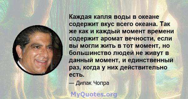 Каждая капля воды в океане содержит вкус всего океана. Так же как и каждый момент времени содержит аромат вечности, если вы могли жить в тот момент, но большинство людей не живут в данный момент, и единственный раз,
