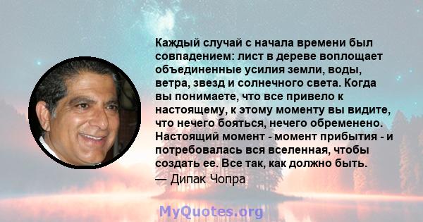 Каждый случай с начала времени был совпадением: лист в дереве воплощает объединенные усилия земли, воды, ветра, звезд и солнечного света. Когда вы понимаете, что все привело к настоящему, к этому моменту вы видите, что