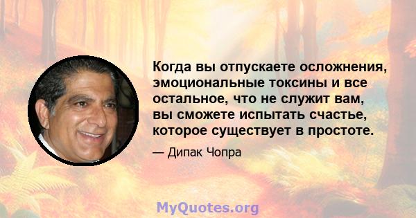 Когда вы отпускаете осложнения, эмоциональные токсины и все остальное, что не служит вам, вы сможете испытать счастье, которое существует в простоте.