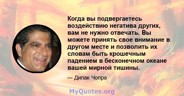 Когда вы подвергаетесь воздействию негатива других, вам не нужно отвечать. Вы можете принять свое внимание в другом месте и позволить их словам быть крошечным падением в бесконечном океане вашей мирной тишины.