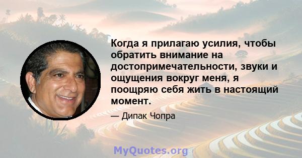 Когда я прилагаю усилия, чтобы обратить внимание на достопримечательности, звуки и ощущения вокруг меня, я поощряю себя жить в настоящий момент.