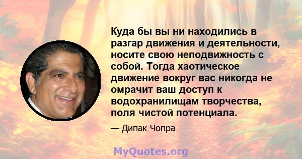 Куда бы вы ни находились в разгар движения и деятельности, носите свою неподвижность с собой. Тогда хаотическое движение вокруг вас никогда не омрачит ваш доступ к водохранилищам творчества, поля чистой потенциала.