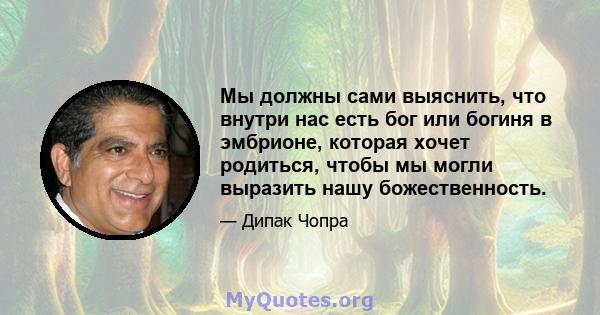 Мы должны сами выяснить, что внутри нас есть бог или богиня в эмбрионе, которая хочет родиться, чтобы мы могли выразить нашу божественность.