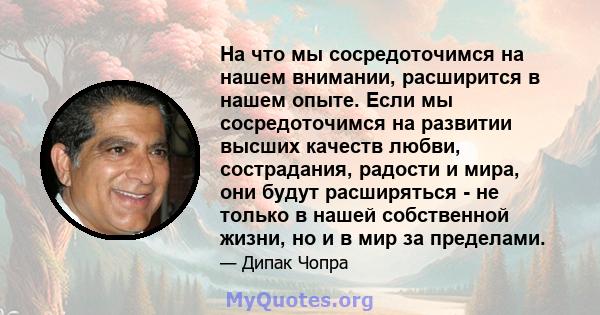 На что мы сосредоточимся на нашем внимании, расширится в нашем опыте. Если мы сосредоточимся на развитии высших качеств любви, сострадания, радости и мира, они будут расширяться - не только в нашей собственной жизни, но 