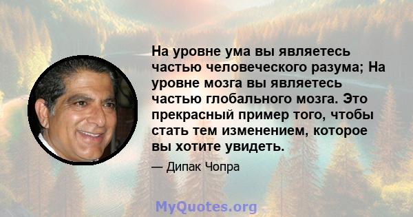 На уровне ума вы являетесь частью человеческого разума; На уровне мозга вы являетесь частью глобального мозга. Это прекрасный пример того, чтобы стать тем изменением, которое вы хотите увидеть.