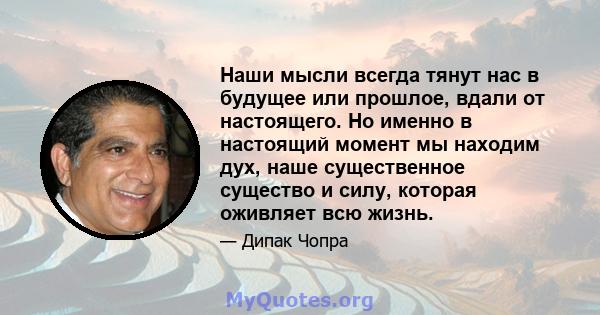 Наши мысли всегда тянут нас в будущее или прошлое, вдали от настоящего. Но именно в настоящий момент мы находим дух, наше существенное существо и силу, которая оживляет всю жизнь.