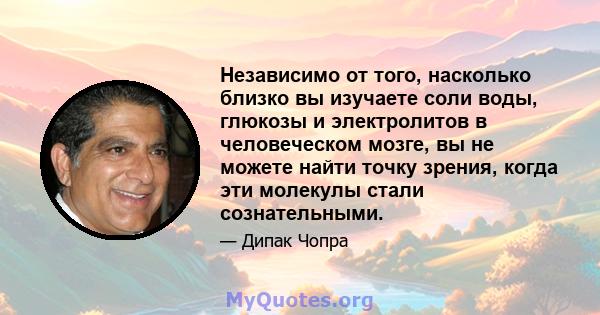 Независимо от того, насколько близко вы изучаете соли воды, глюкозы и электролитов в человеческом мозге, вы не можете найти точку зрения, когда эти молекулы стали сознательными.