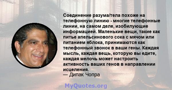 Соединение разума/тела похоже на телефонную линию - многие телефонные линии, на самом деле, изобилующие информацией. Маленькие вещи, такие как питье апельсинового сока с мячом или питанием яблока, принимаются как