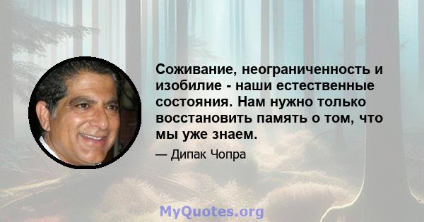 Соживание, неограниченность и изобилие - наши естественные состояния. Нам нужно только восстановить память о том, что мы уже знаем.