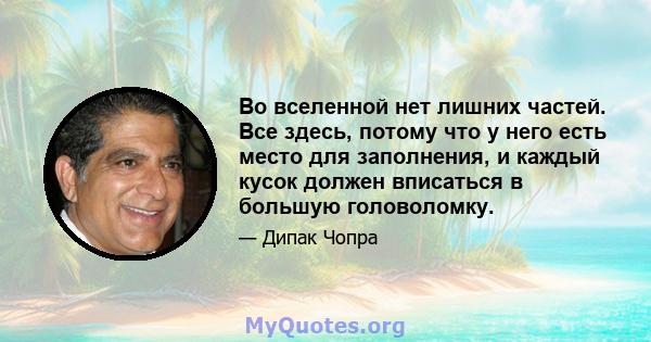 Во вселенной нет лишних частей. Все здесь, потому что у него есть место для заполнения, и каждый кусок должен вписаться в большую головоломку.