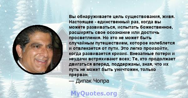 Вы обнаруживаете цель существования, живя. Настоящее - единственный раз, когда вы можете развиваться, испытать божественное, расширять свое осознание или достичь просветления. Но это не может быть случайным