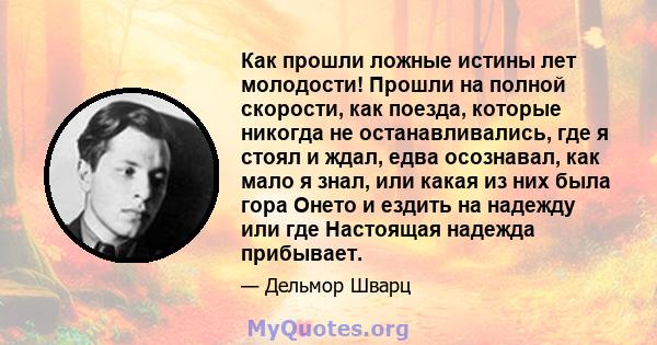 Как прошли ложные истины лет молодости! Прошли на полной скорости, как поезда, которые никогда не останавливались, где я стоял и ждал, едва осознавал, как мало я знал, или какая из них была гора Онето и ездить на