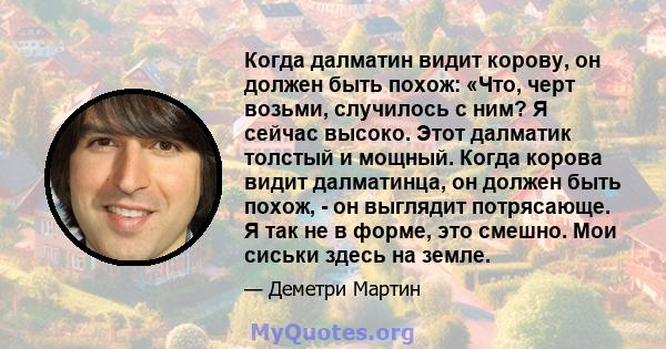 Когда далматин видит корову, он должен быть похож: «Что, черт возьми, случилось с ним? Я сейчас высоко. Этот далматик толстый и мощный. Когда корова видит далматинца, он должен быть похож, - он выглядит потрясающе. Я