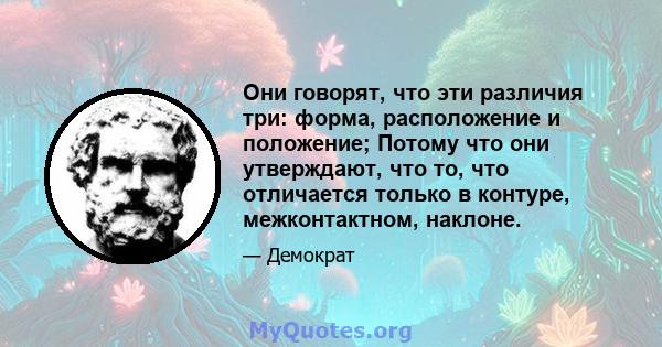 Они говорят, что эти различия три: форма, расположение и положение; Потому что они утверждают, что то, что отличается только в контуре, межконтактном, наклоне.