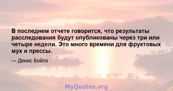 В последнем отчете говорится, что результаты расследования будут опубликованы через три или четыре недели. Это много времени для фруктовых мух и прессы.