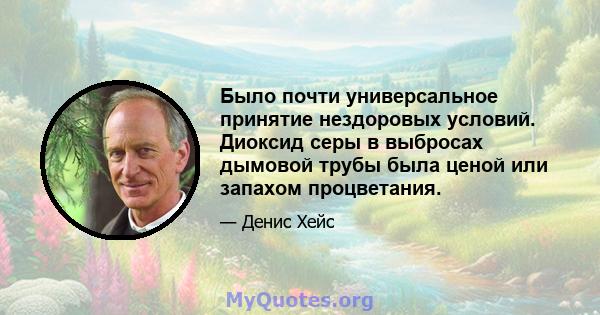 Было почти универсальное принятие нездоровых условий. Диоксид серы в выбросах дымовой трубы была ценой или запахом процветания.