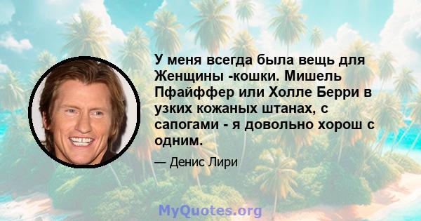 У меня всегда была вещь для Женщины -кошки. Мишель Пфайффер или Холле Берри в узких кожаных штанах, с сапогами - я довольно хорош с одним.