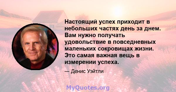 Настоящий успех приходит в небольших частях день за днем. Вам нужно получать удовольствие в повседневных маленьких сокровищах жизни. Это самая важная вещь в измерении успеха.