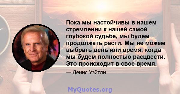 Пока мы настойчивы в нашем стремлении к нашей самой глубокой судьбе, мы будем продолжать расти. Мы не можем выбрать день или время, когда мы будем полностью расцвести. Это происходит в свое время.