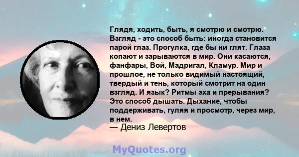 Глядя, ходить, быть, я смотрю и смотрю. Взгляд - это способ быть: иногда становится парой глаз. Прогулка, где бы ни глят. Глаза копают и зарываются в мир. Они касаются, фанфары, Вой, Мадригал, Кламур. Мир и прошлое, не