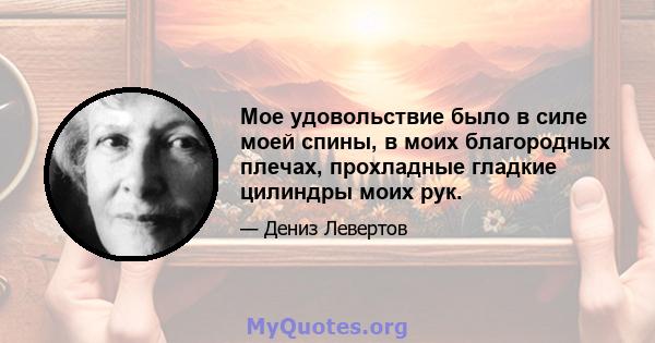 Мое удовольствие было в силе моей спины, в моих благородных плечах, прохладные гладкие цилиндры моих рук.