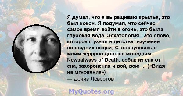 Я думал, что я выращиваю крылья, это был кокон. Я подумал, что сейчас самое время войти в огонь, это была глубокая вода. Эсхатология - это слово, которое я узнал в детстве: изучение последних вещей; Столкнувшись с моим