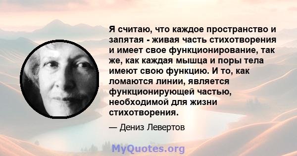 Я считаю, что каждое пространство и запятая - живая часть стихотворения и имеет свое функционирование, так же, как каждая мышца и поры тела имеют свою функцию. И то, как ломаются линии, является функционирующей частью,