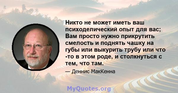 Никто не может иметь ваш психоделический опыт для вас; Вам просто нужно прикрутить смелость и поднять чашку на губы или выкурить трубу или что -то в этом роде, и столкнуться с тем, что там.