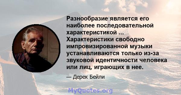 Разнообразие является его наиболее последовательной характеристикой ... Характеристики свободно импровизированной музыки устанавливаются только из-за звуковой идентичности человека или лиц, играющих в нее.