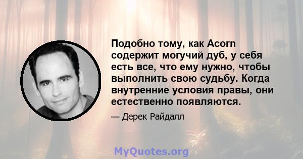 Подобно тому, как Acorn содержит могучий дуб, у себя есть все, что ему нужно, чтобы выполнить свою судьбу. Когда внутренние условия правы, они естественно появляются.