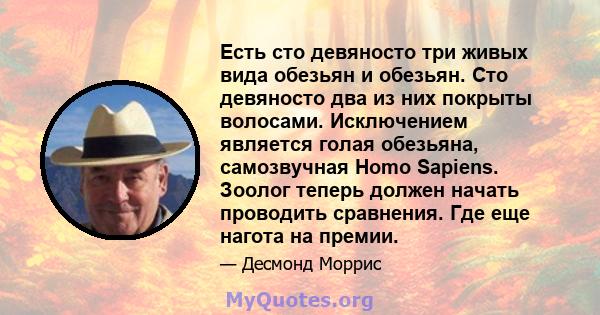 Есть сто девяносто три живых вида обезьян и обезьян. Сто девяносто два из них покрыты волосами. Исключением является голая обезьяна, самозвучная Homo Sapiens. Зоолог теперь должен начать проводить сравнения. Где еще