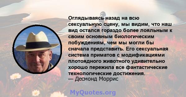 Оглядываясь назад на всю сексуальную сцену, мы видим, что наш вид остался гораздо более лояльным к своим основным биологическим побуждениям, чем мы могли бы сначала представить. Его сексуальная система приматов с