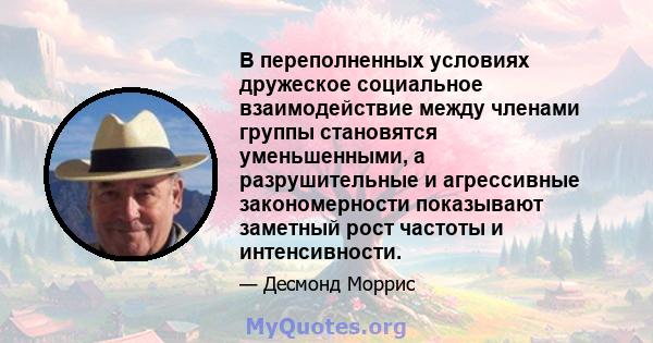 В переполненных условиях дружеское социальное взаимодействие между членами группы становятся уменьшенными, а разрушительные и агрессивные закономерности показывают заметный рост частоты и интенсивности.