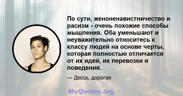 По сути, женоненавистничество и расизм - очень похожие способы мышления. Оба уменьшают и неуважительно относитесь к классу людей на основе черты, которая полностью отличается от их идей, их перевозки и поведения.