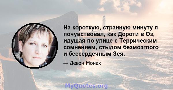 На короткую, странную минуту я почувствовал, как Дороти в Оз, идущая по улице с Террическим сомнением, стыдом безмозглого и бессердечным Зея.