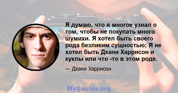 Я думаю, что я многое узнал о том, чтобы не покупать много шумихи. Я хотел быть своего рода безликим сущностью; Я не хотел быть Дхани Харрисон и куклы или что -то в этом роде.