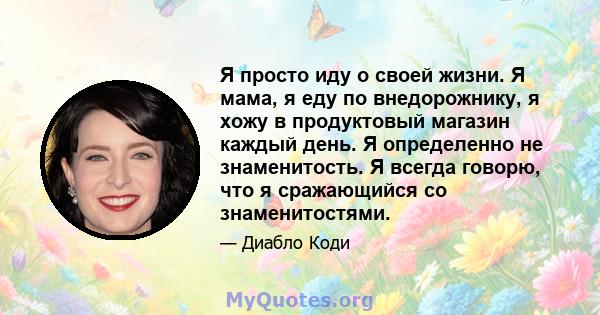 Я просто иду о своей жизни. Я мама, я еду по внедорожнику, я хожу в продуктовый магазин каждый день. Я определенно не знаменитость. Я всегда говорю, что я сражающийся со знаменитостями.