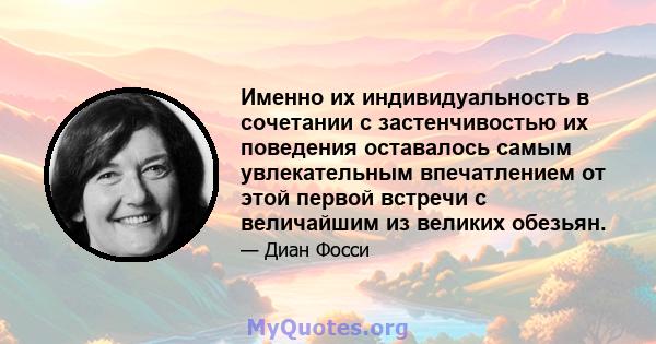 Именно их индивидуальность в сочетании с застенчивостью их поведения оставалось самым увлекательным впечатлением от этой первой встречи с величайшим из великих обезьян.