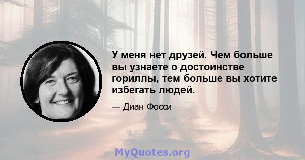 У меня нет друзей. Чем больше вы узнаете о достоинстве гориллы, тем больше вы хотите избегать людей.