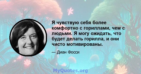 Я чувствую себя более комфортно с гориллами, чем с людьми. Я могу ожидать, что будет делать горилла, и они чисто мотивированы.